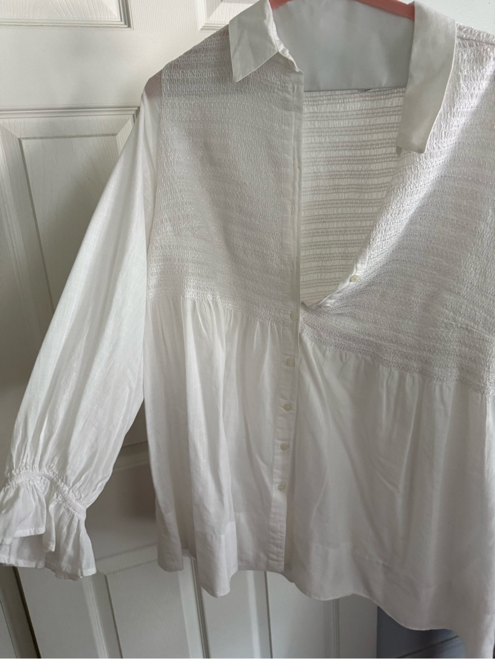Anthropologie White Smocked Button-Down Blouse